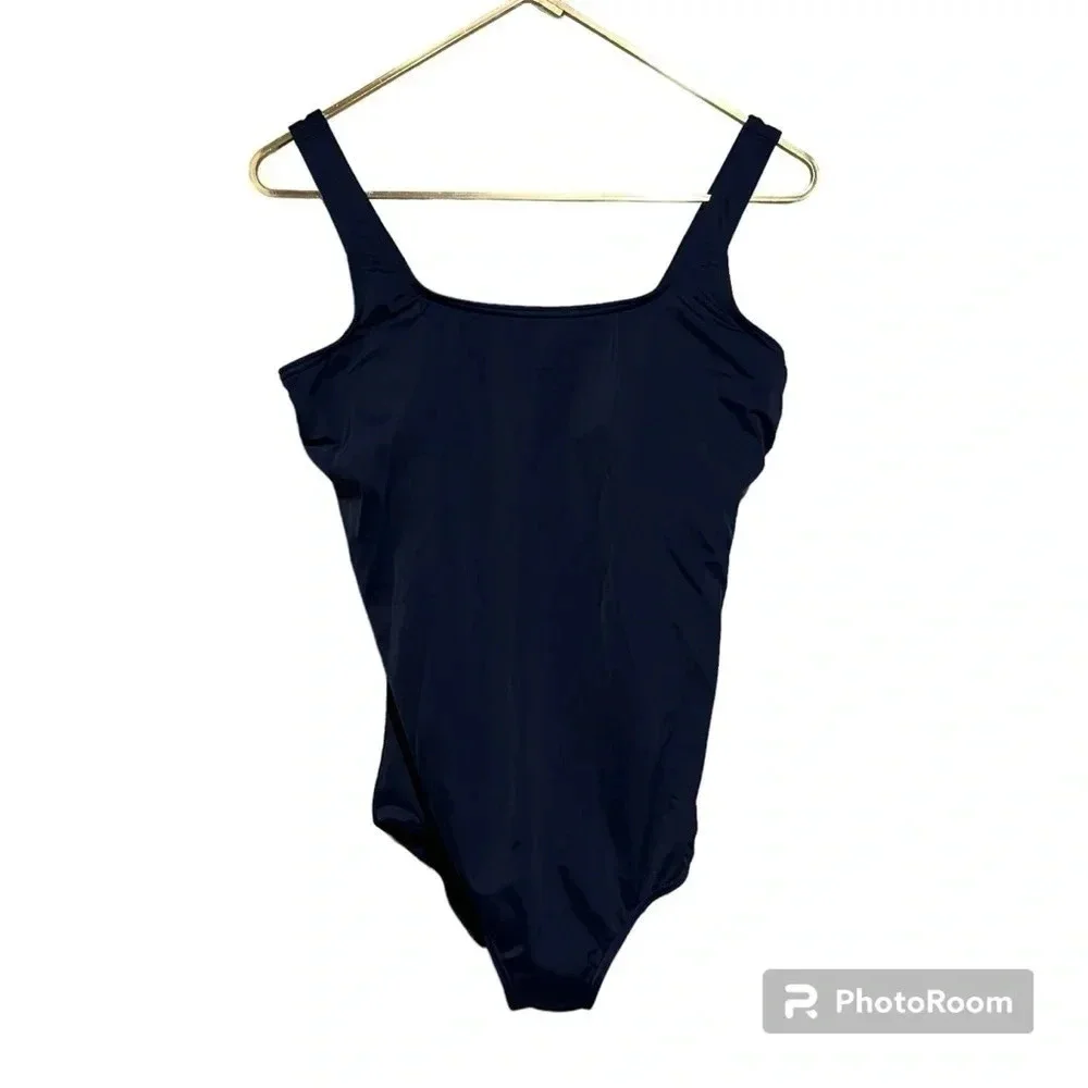 Womens 14 D Lands End Swimsuit Navy Blue Tank Built In Bra Full Cover One Piece